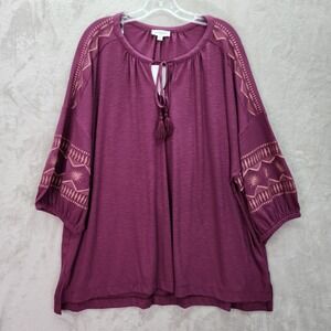 Westbound Woman Plus 3X Tunic Top Purple Embroidered‎ Sleeve Tie Neck Blouse NEW